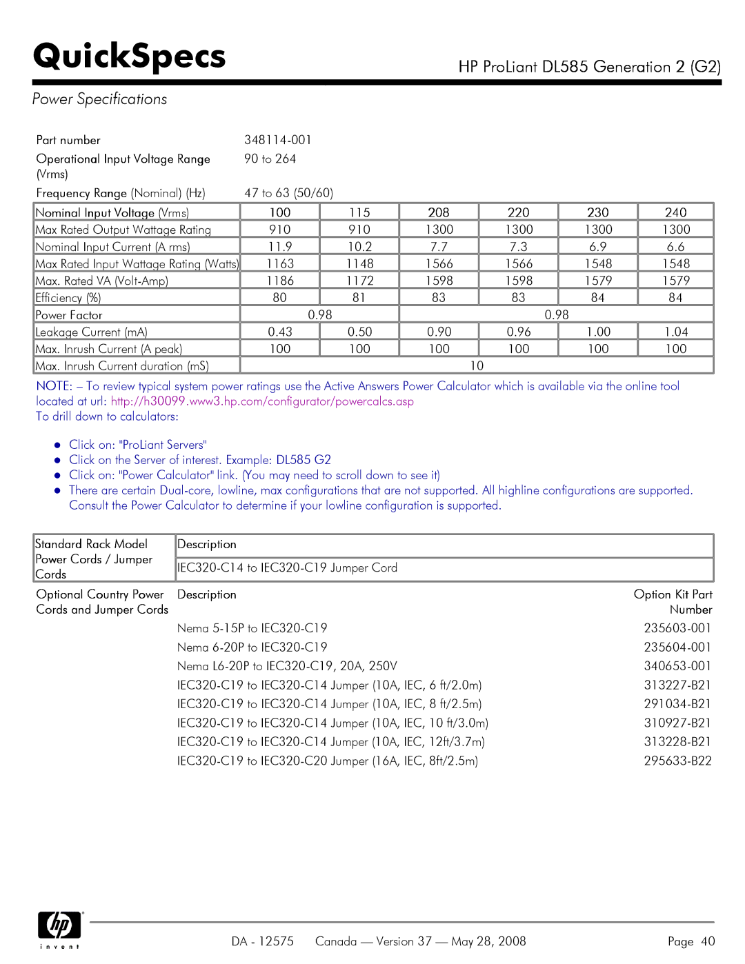 Compaq DL585 G2 manual Power Specifications 