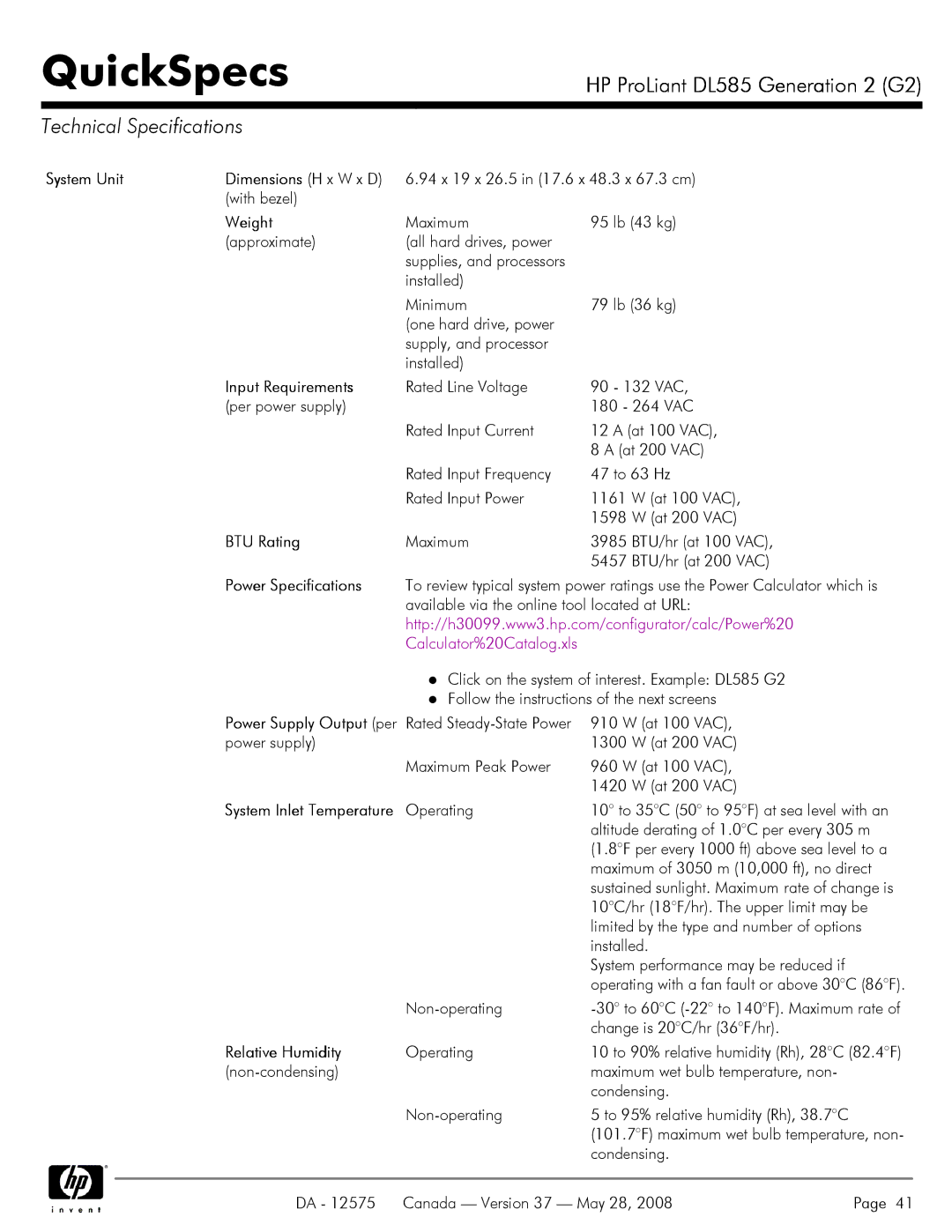 Compaq DL585 G2 manual Technical Specifications 