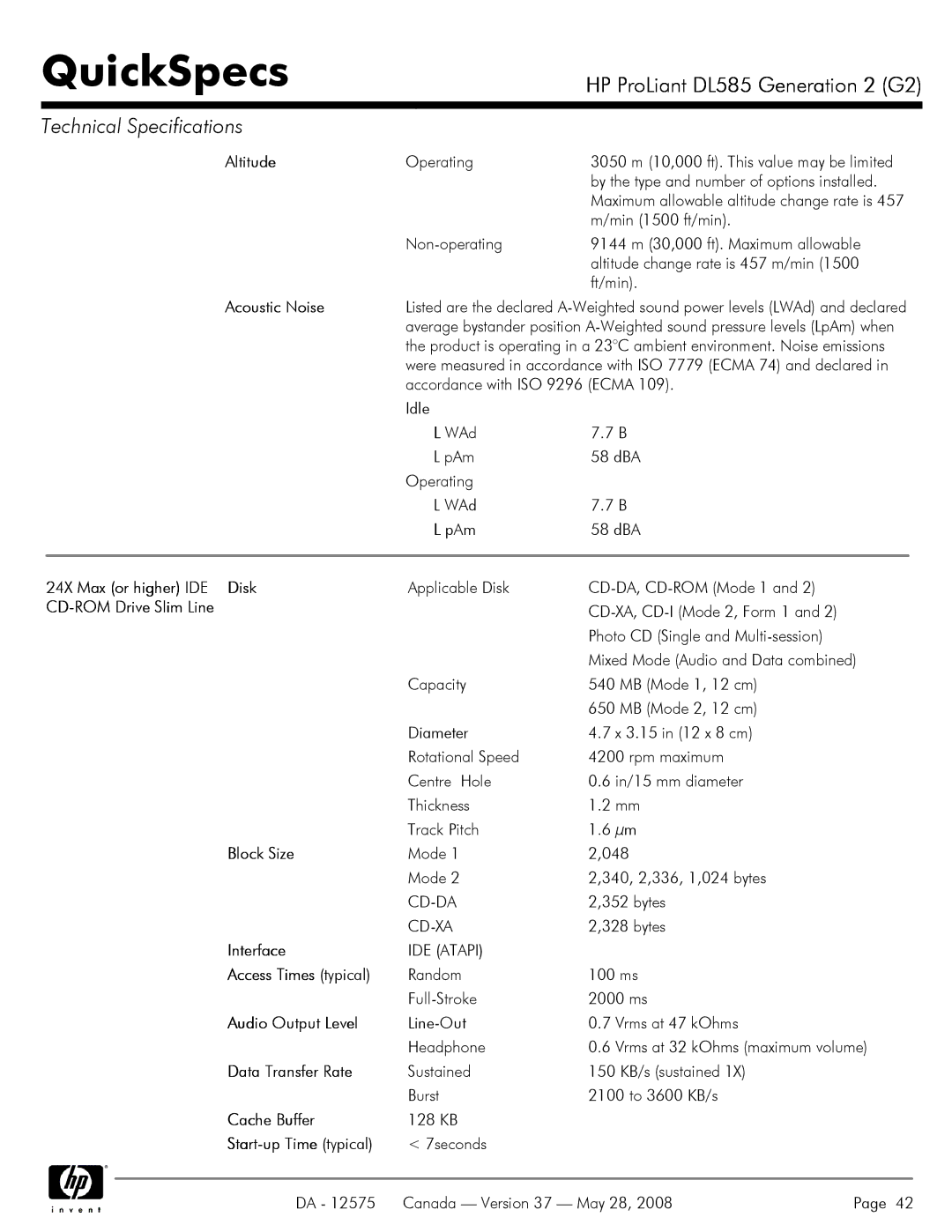 Compaq DL585 G2 manual Altitude, Acoustic Noise, 24X Max or higher IDE Disk, CD-ROM Drive Slim Line, Block Size, Interface 