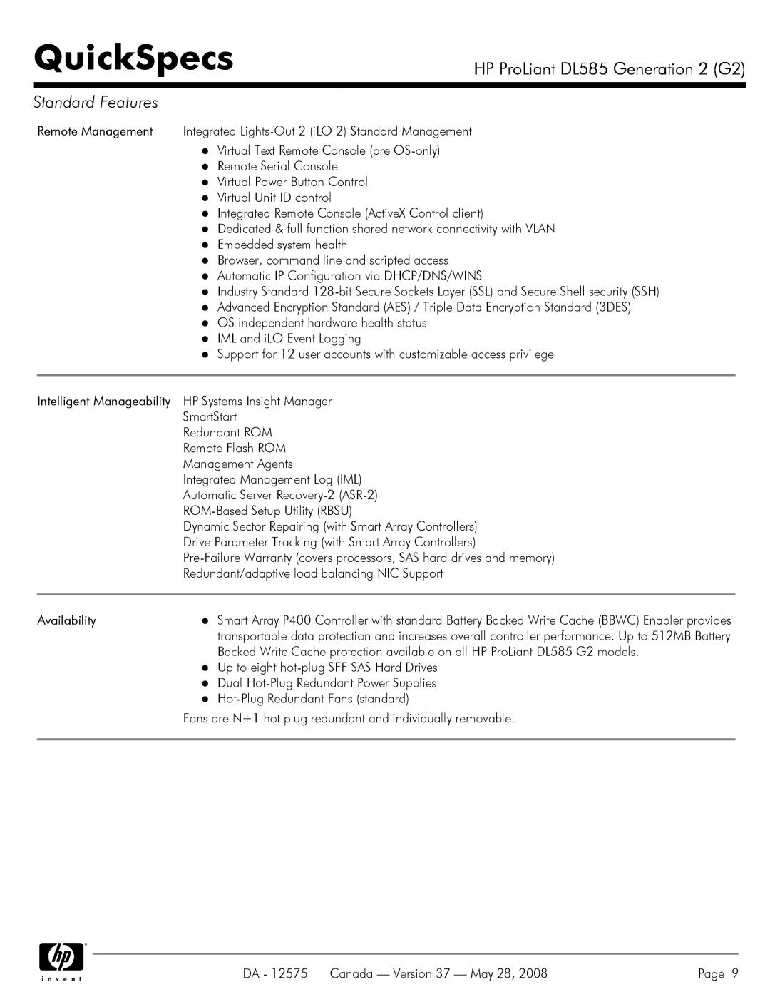 Compaq DL585 G2 manual Intelligent Manageability HP Systems Insight Manager, Availability 