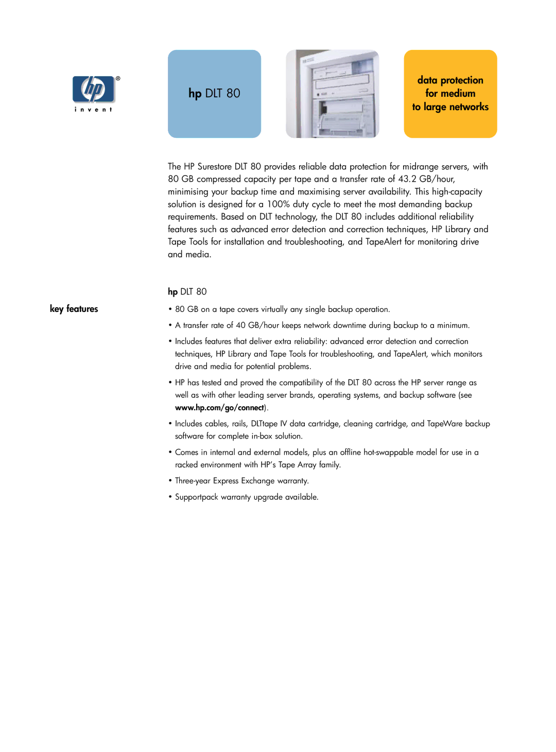 Compaq DLT 80 warranty Hp DLT, Data protection, For medium, To large networks, Key features 