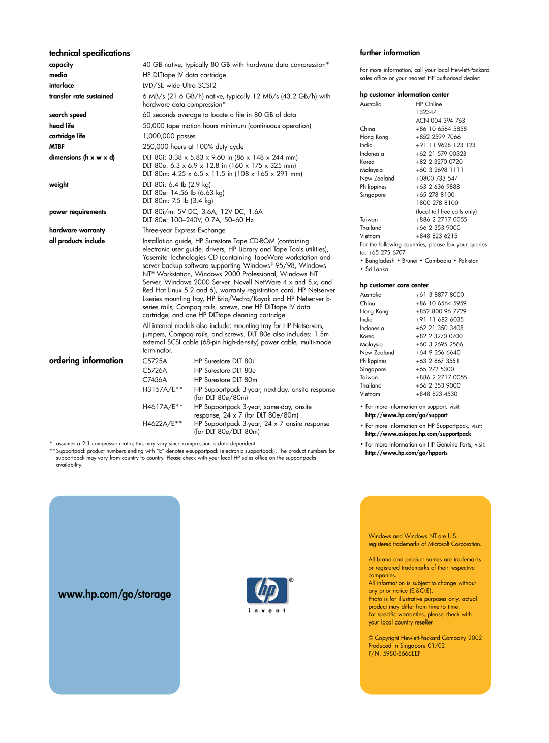 Compaq DLT 80 warranty Technical specifications, Ordering information, Further information 