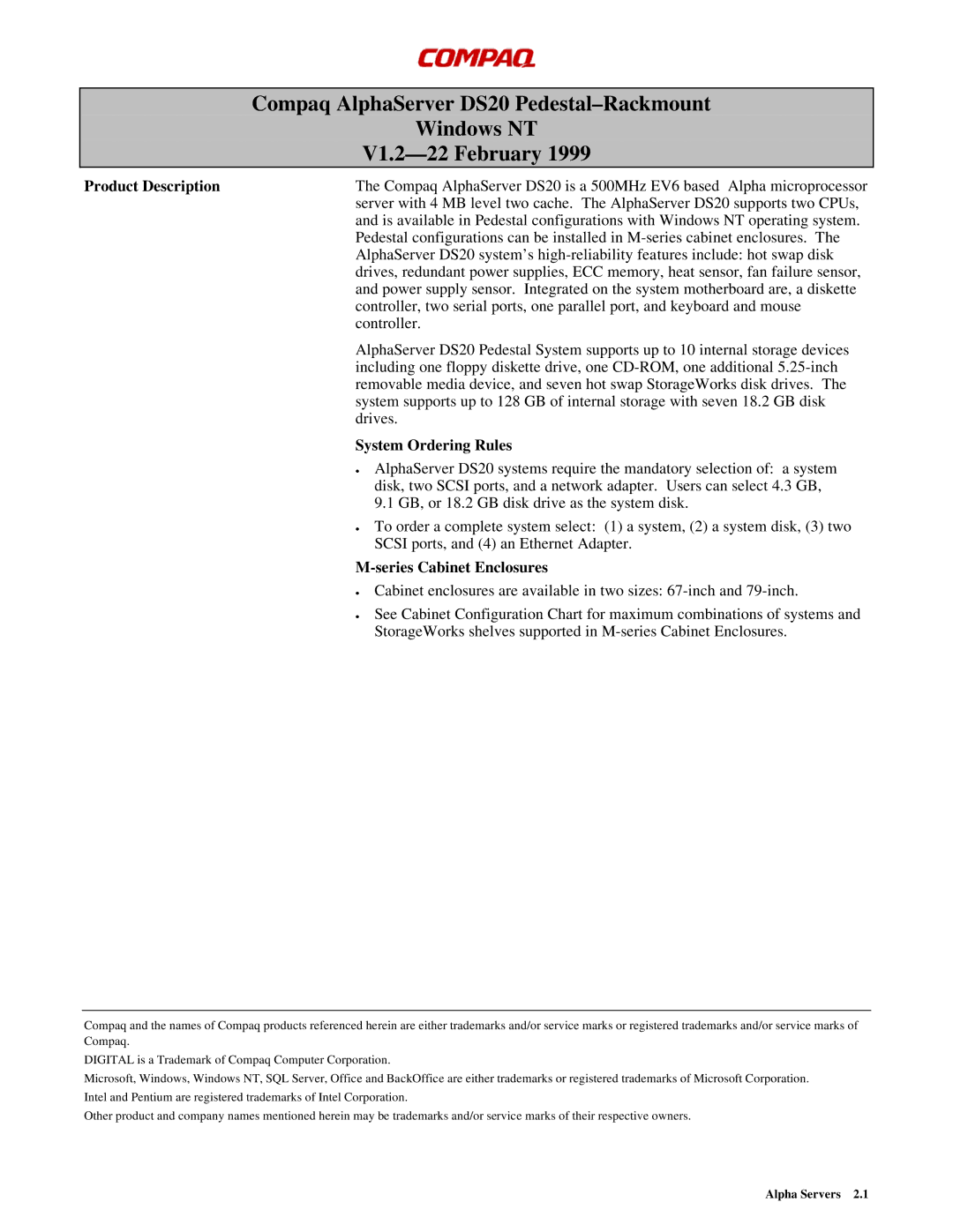 Compaq DS20 manual Product Description, System Ordering Rules, Series Cabinet Enclosures 