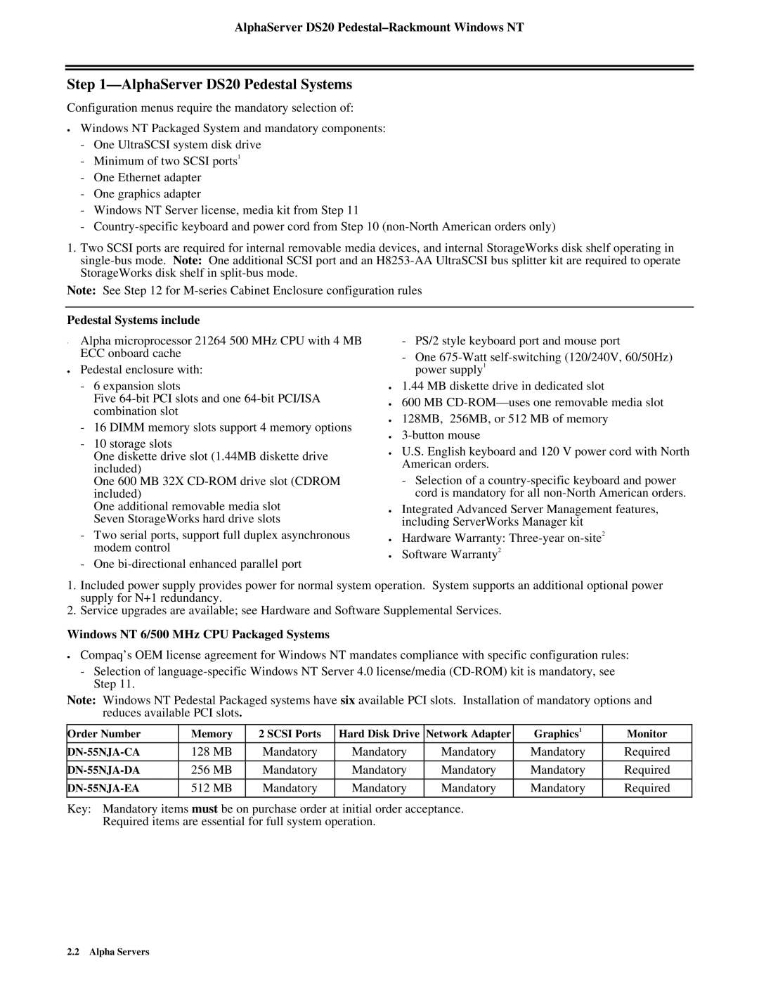 Compaq AlphaServer DS20 Pedestal Systems, AlphaServer DS20 Pedestal-Rackmount Windows NT, Pedestal Systems include 