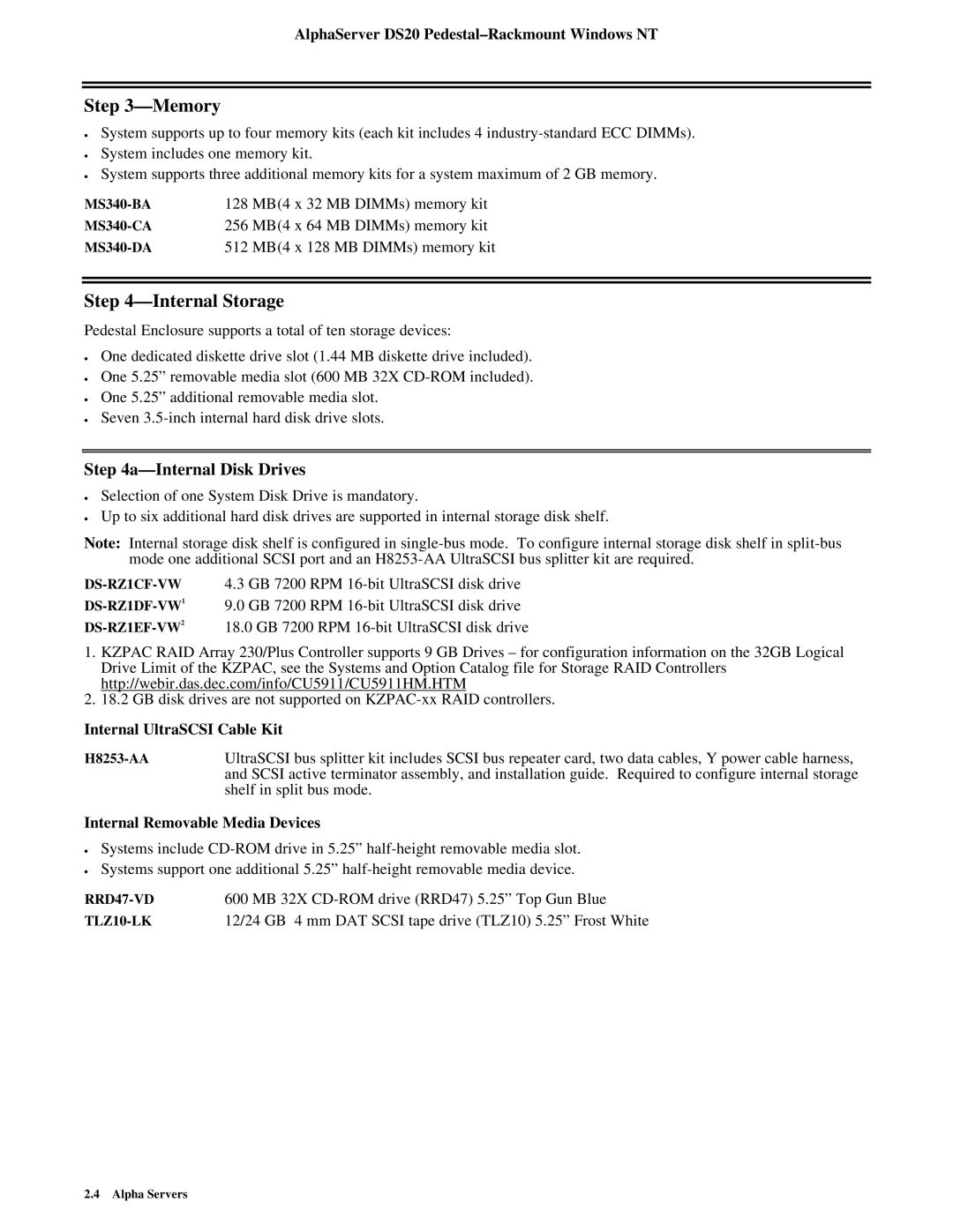 Compaq DS20 manual Memory, Internal Storage, Internal Disk Drives 