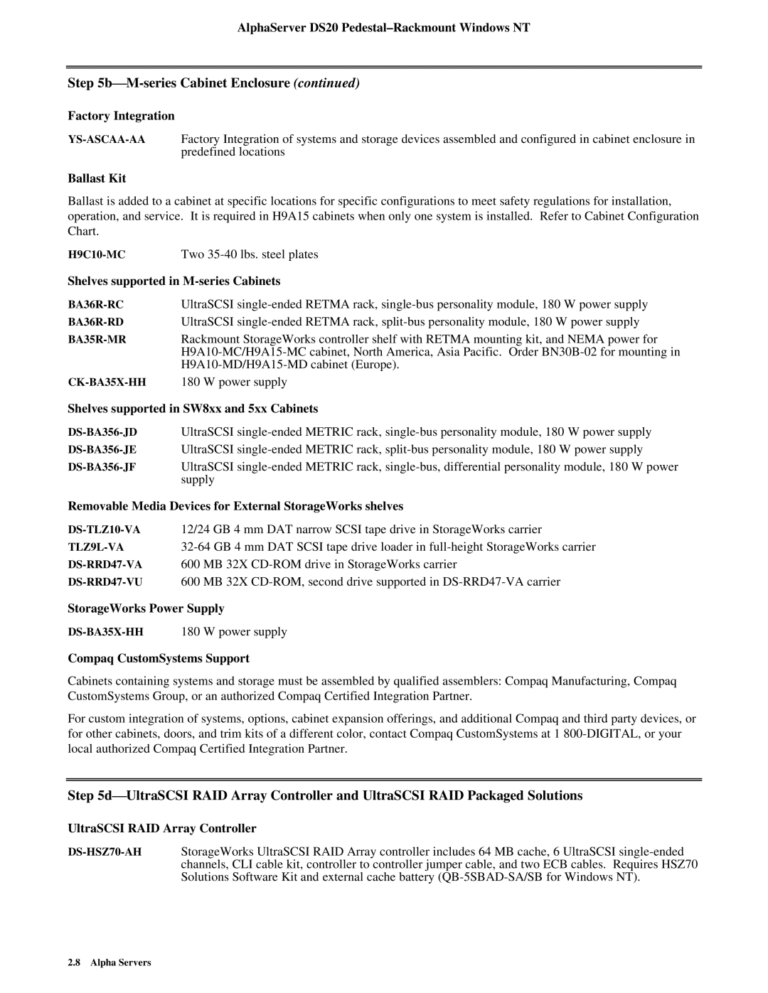 Compaq DS20 manual Factory Integration, Ballast Kit, Shelves supported in M-series Cabinets, StorageWorks Power Supply 