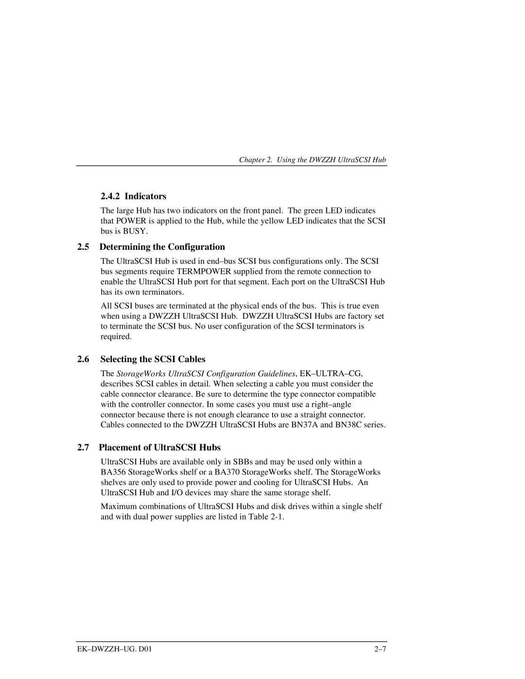 Compaq DWZZH manual Indicators, Determining the Configuration, Selecting the Scsi Cables, Placement of UltraSCSI Hubs 