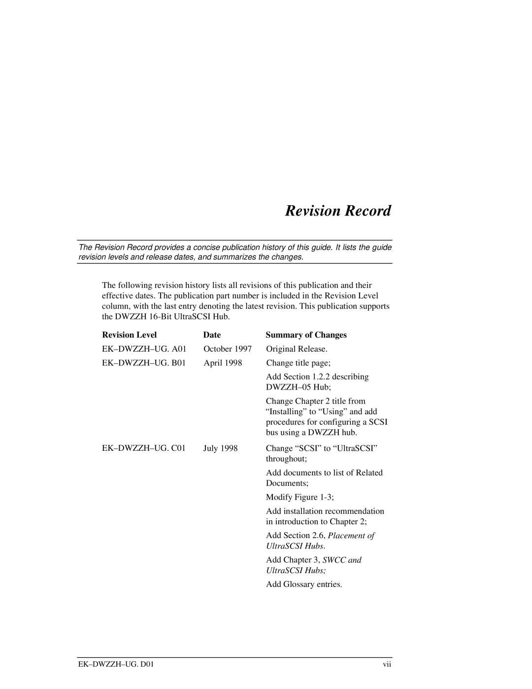 Compaq DWZZH manual Revision Record, Revision Level Date Summary of Changes 