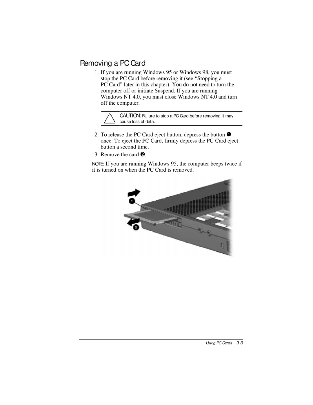 Compaq E500 specifications Removing a PC Card 