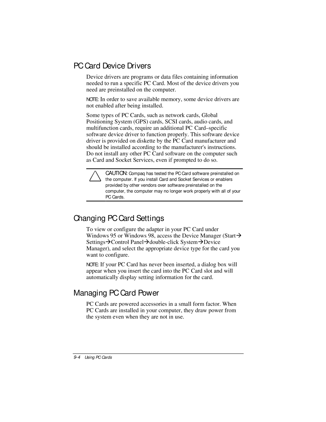 Compaq E500 specifications PC Card Device Drivers, Changing PC Card Settings, Managing PC Card Power 