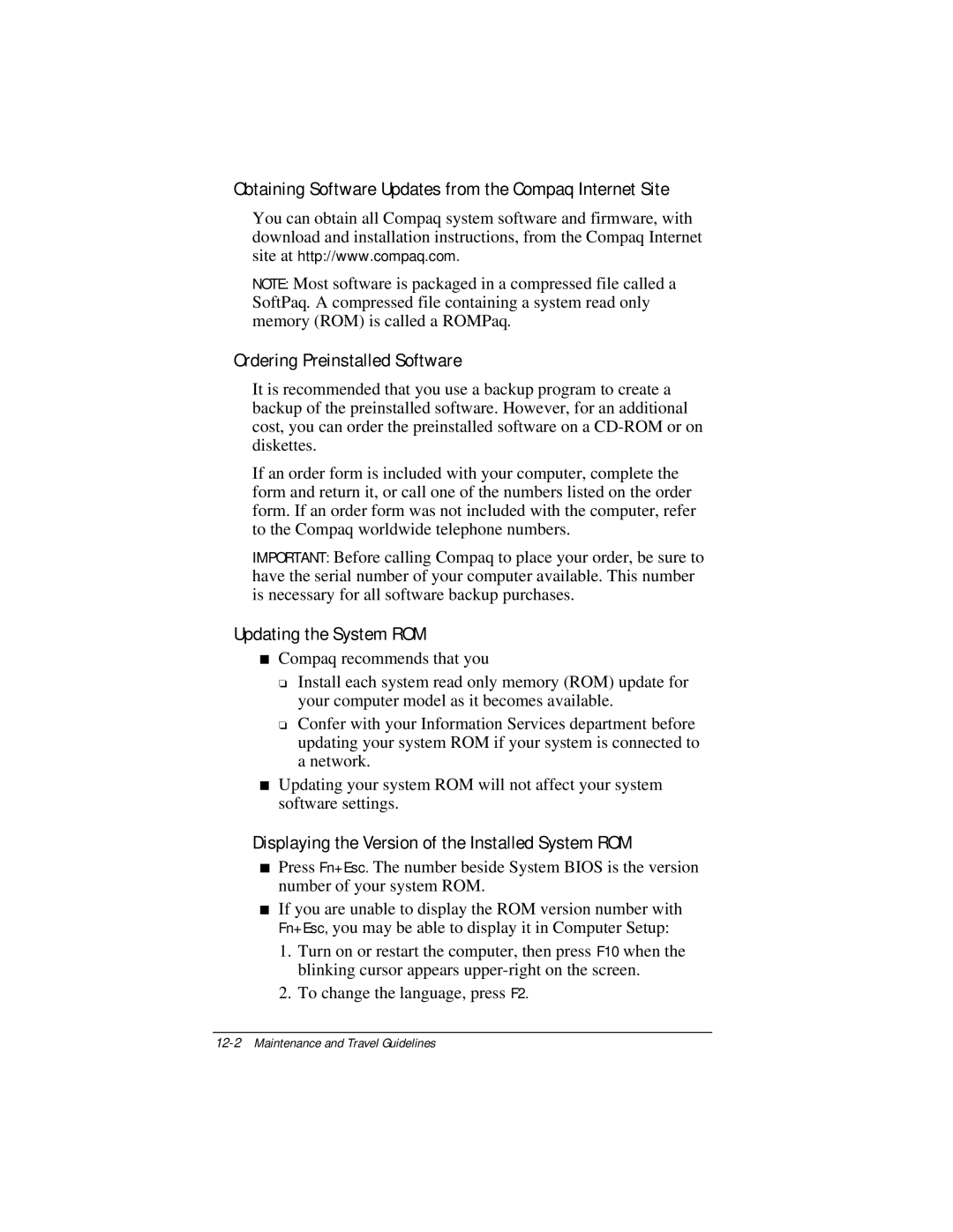 Compaq E500 specifications Updating the System ROM, Displayingn the Version of the Installed System ROM 