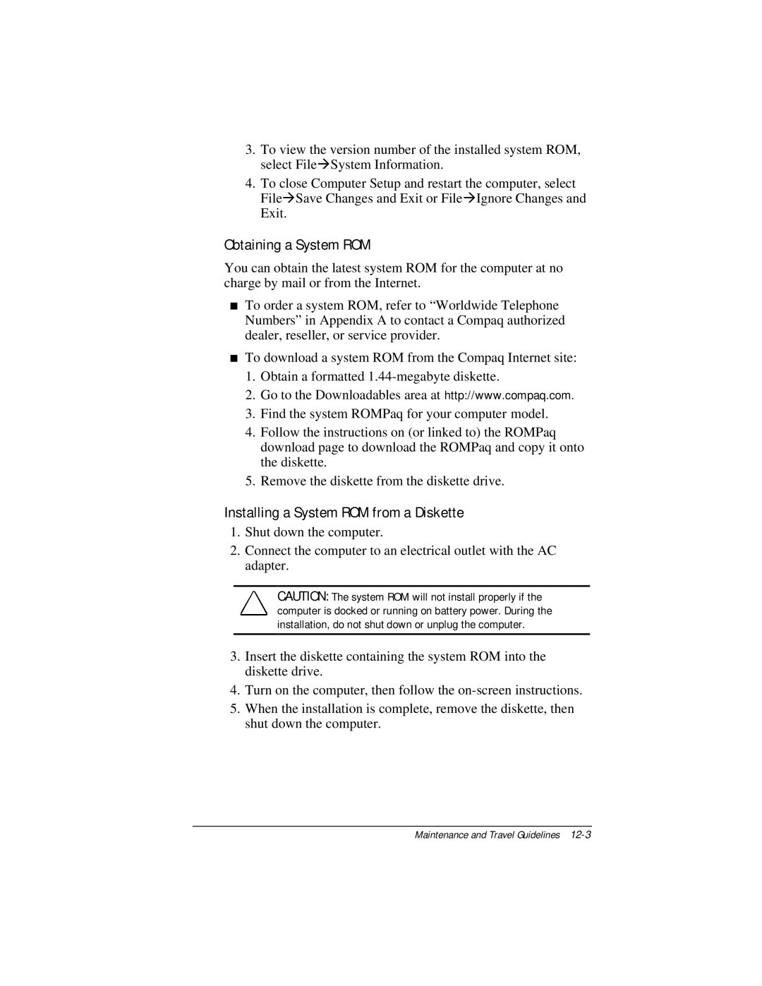 Compaq E500 specifications Obtaining a System ROM, Installing a System ROM from a Diskette 