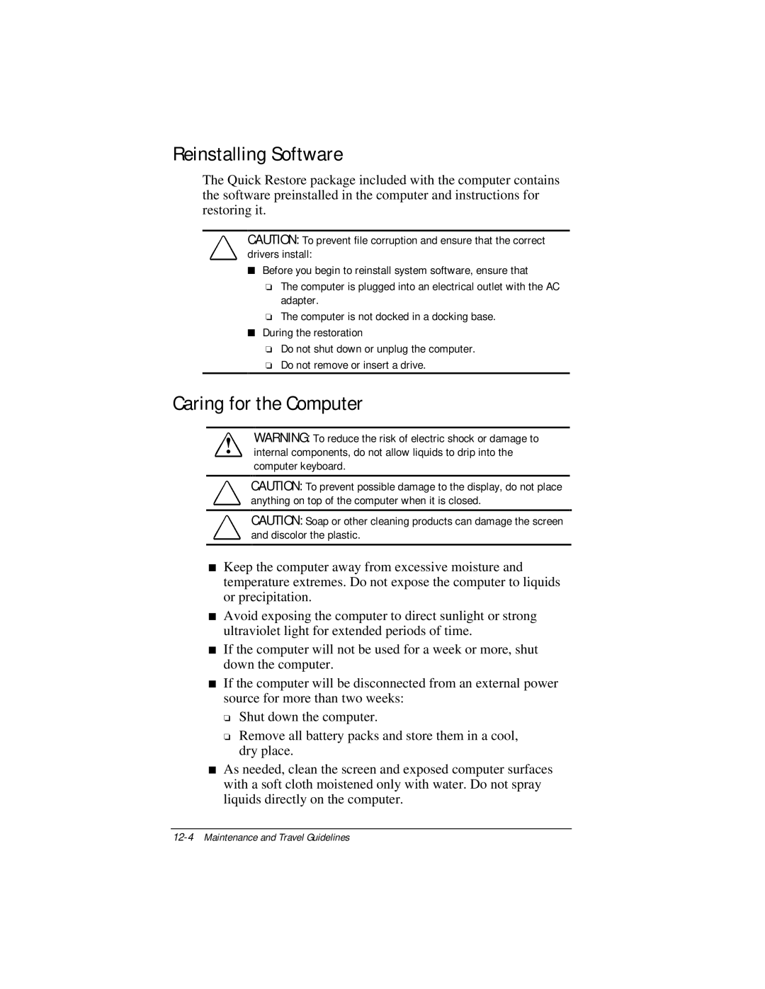 Compaq E500 specifications Reinstalling Software, Caring for the Computer 