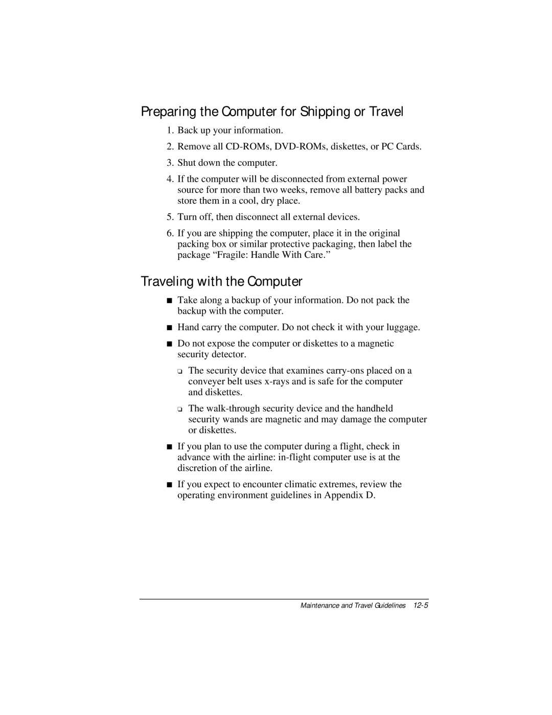 Compaq E500 specifications Preparing the Computer for Shipping or Travel, Traveling with the Computer 