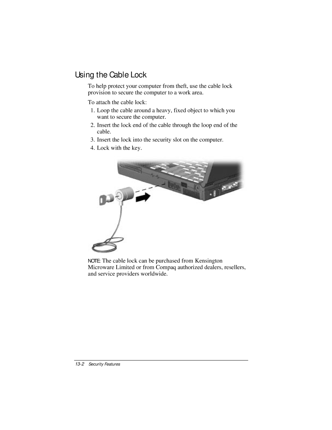 Compaq E500 specifications Using the Cable Lock 