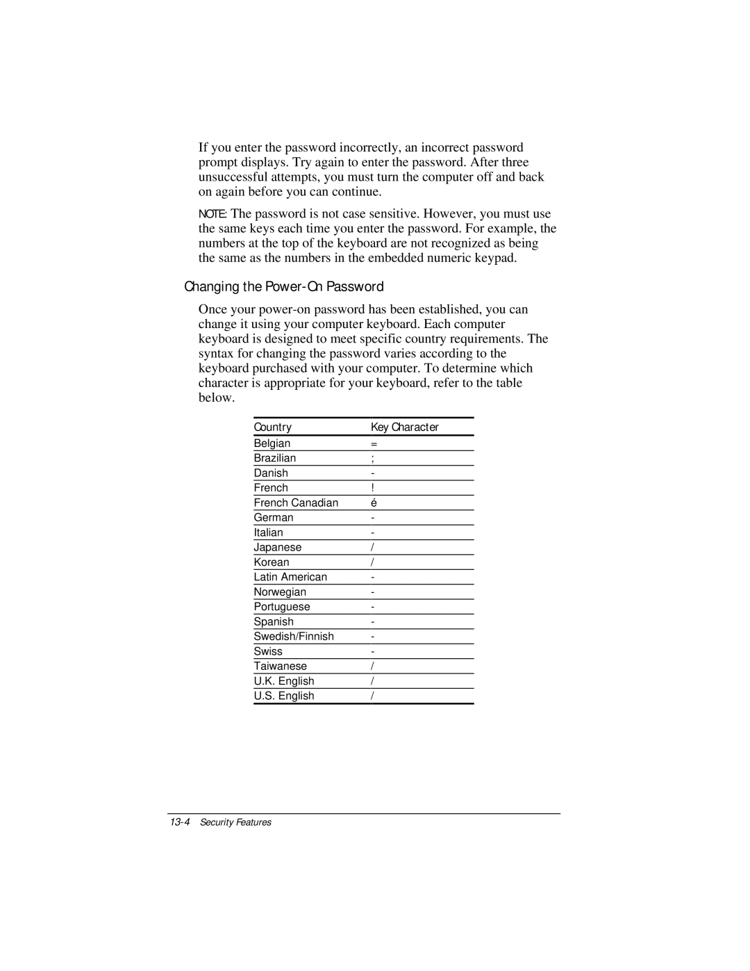 Compaq E500 specifications Changing the Power-On Password, Country Key Character 