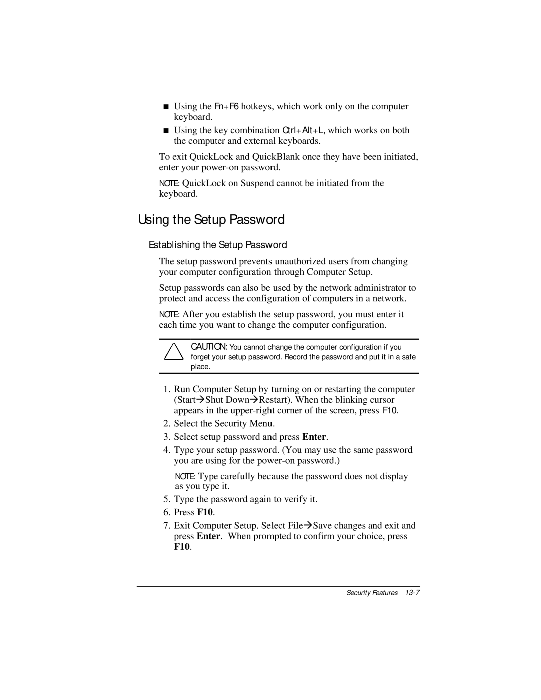 Compaq E500 specifications Using the Setup Password, Establishing the Setup Password 