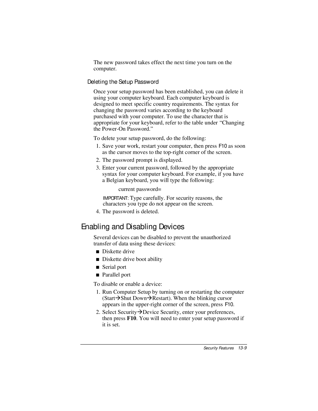 Compaq E500 specifications Enabling and Disabling Devices, Deleting the Setup Password 