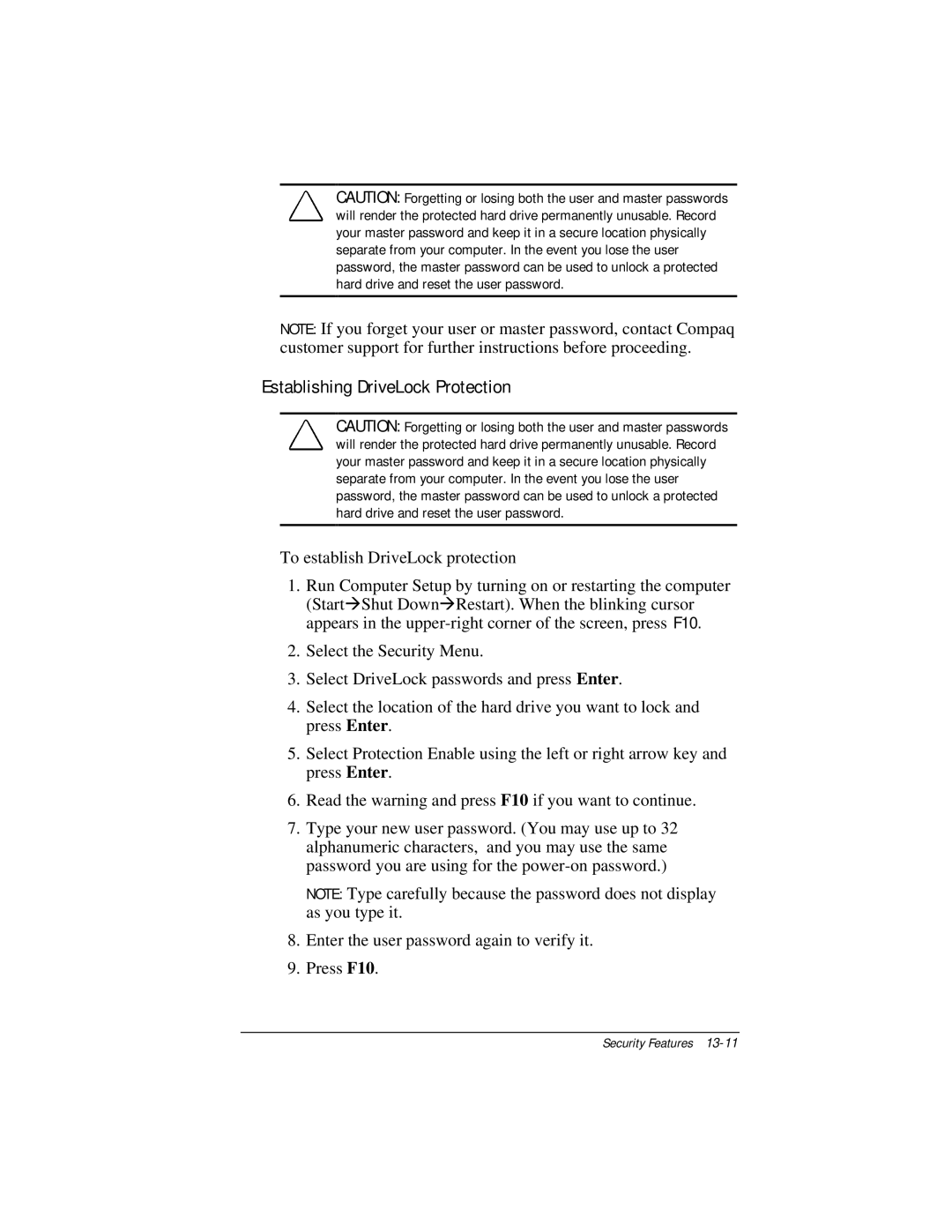 Compaq E500 specifications Establishing DriveLock Protection 