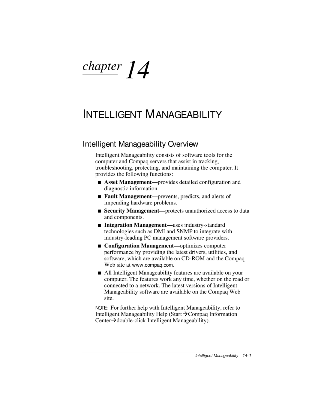 Compaq E500 specifications Intelligent Manageability Overview 