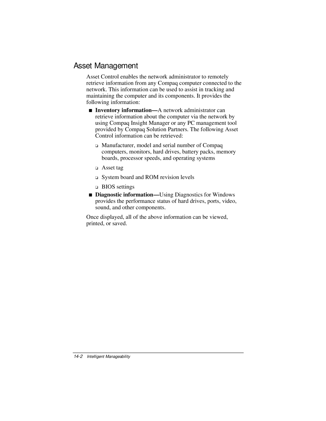 Compaq E500 specifications Asset Management 