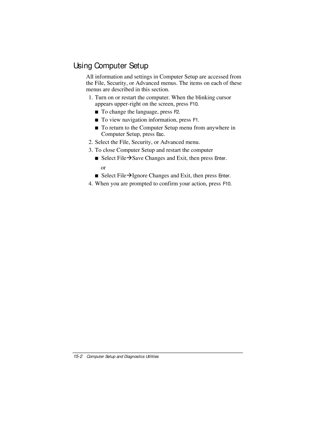 Compaq E500 specifications Using Computer Setup 