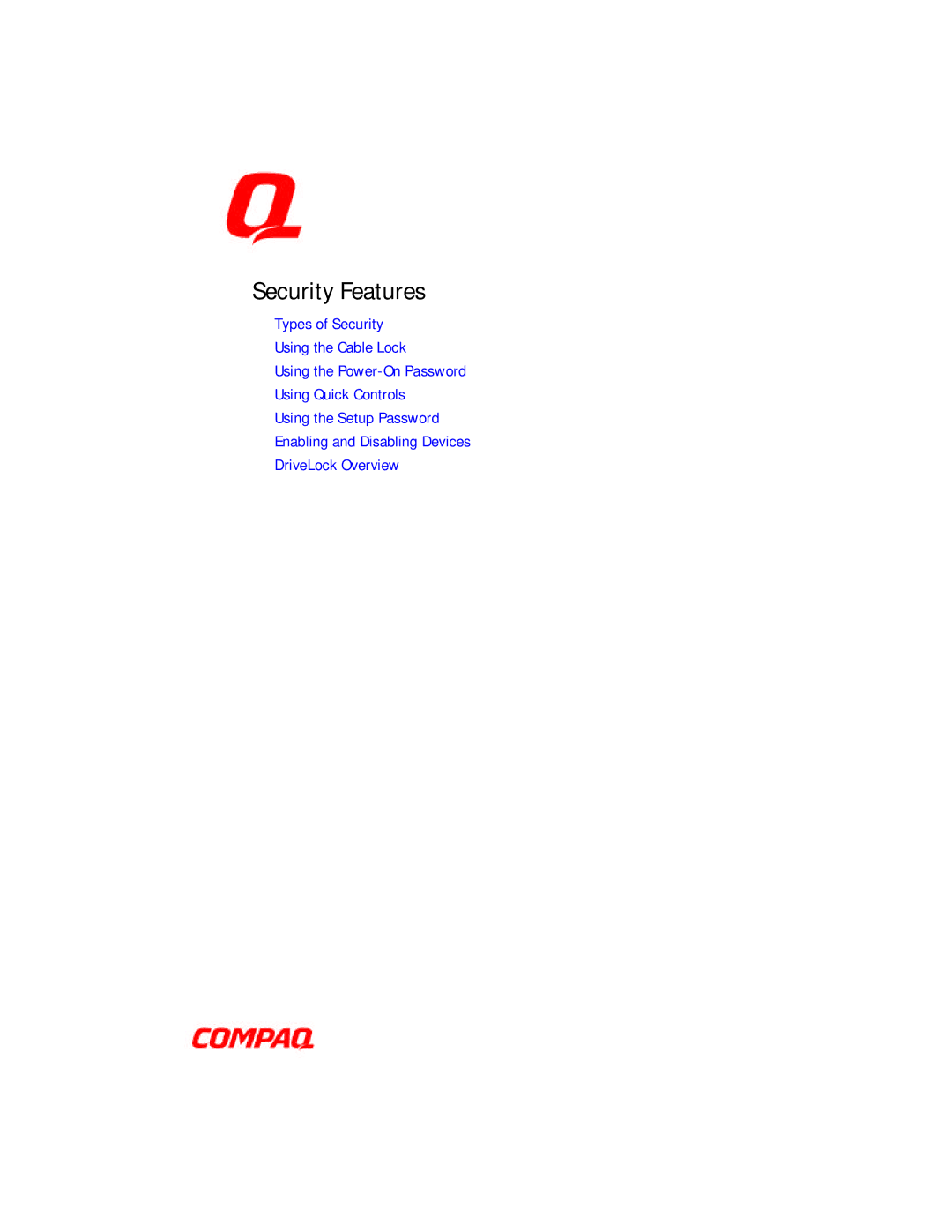 Compaq E500 specifications Security Features 