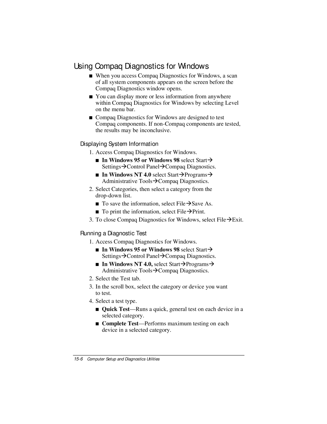 Compaq E500 specifications Using Compaq Diagnostics for Windows, Running a Diagnostic Test 