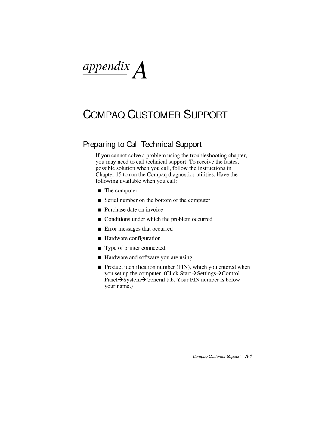 Compaq E500 specifications Compaq Customer Support, Preparing to Call Technical Support 