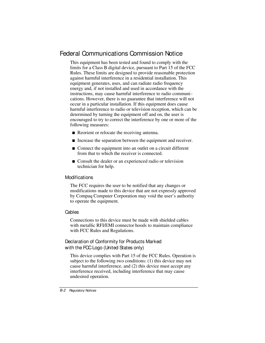 Compaq E500 specifications Federal Communications Commission Notice, Modifications, Cables 