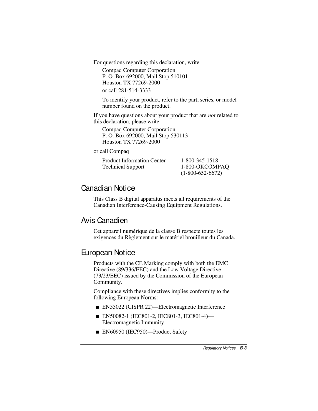 Compaq E500 specifications Canadian Notice, Avis Canadien, European Notice 