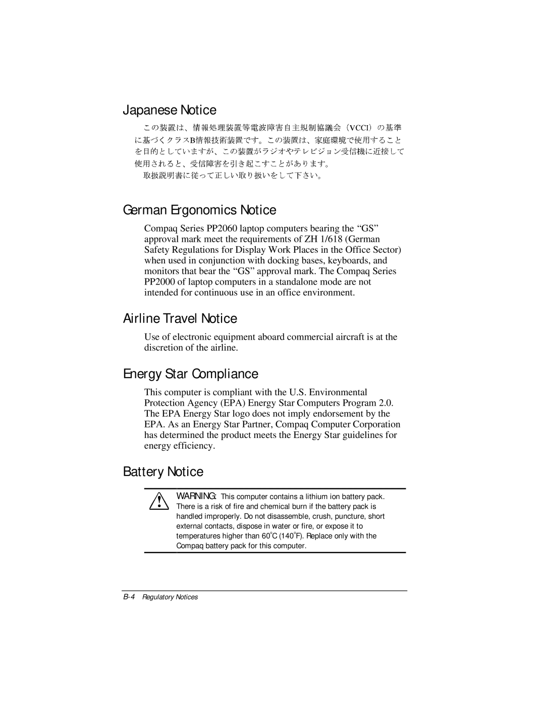 Compaq E500 Japanese Notice German Ergonomics Notice, Airline Travel Notice, Energy Star Compliance, Battery Notice 