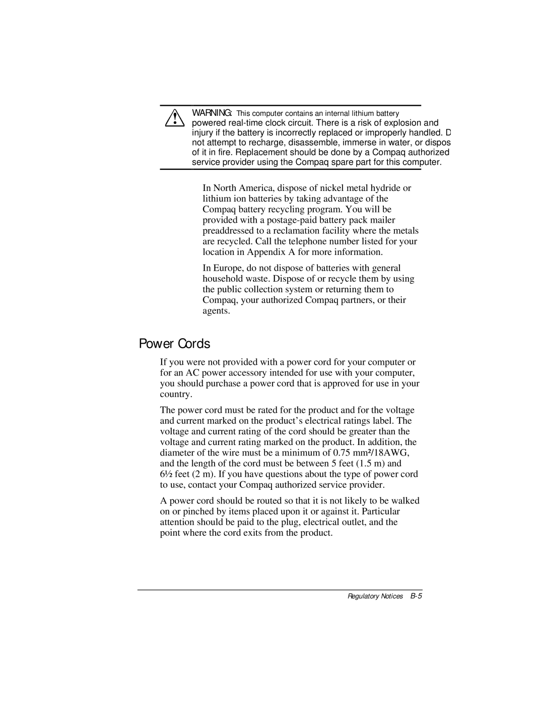 Compaq E500 specifications Power Cords 