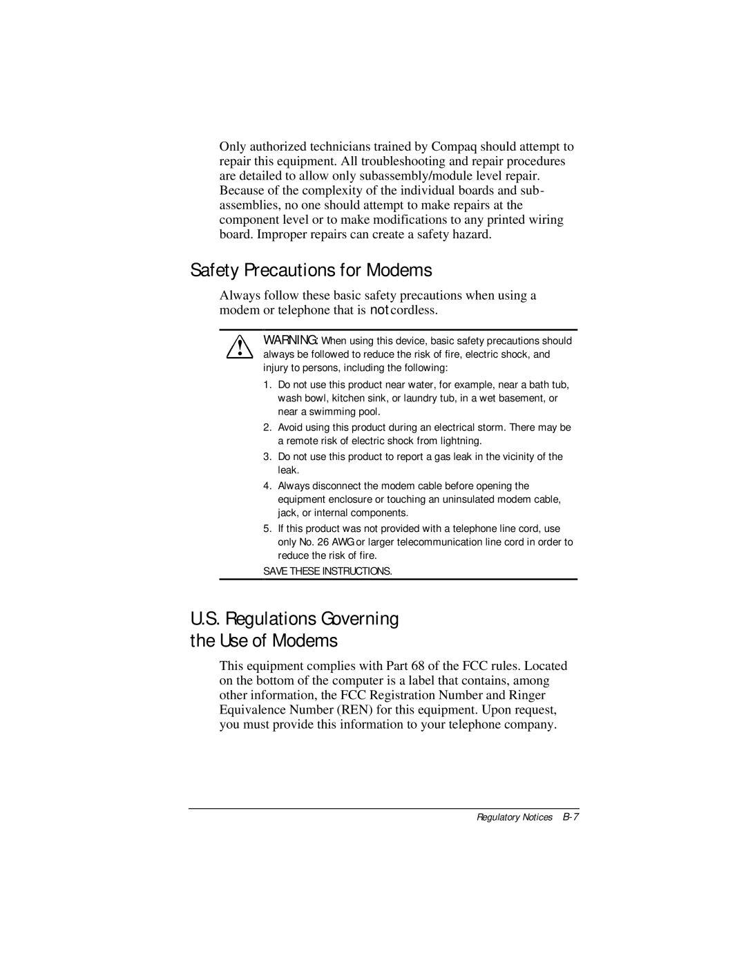 Compaq E500 specifications Safety Precautions for Modems, Regulations Governing Use of Modems 