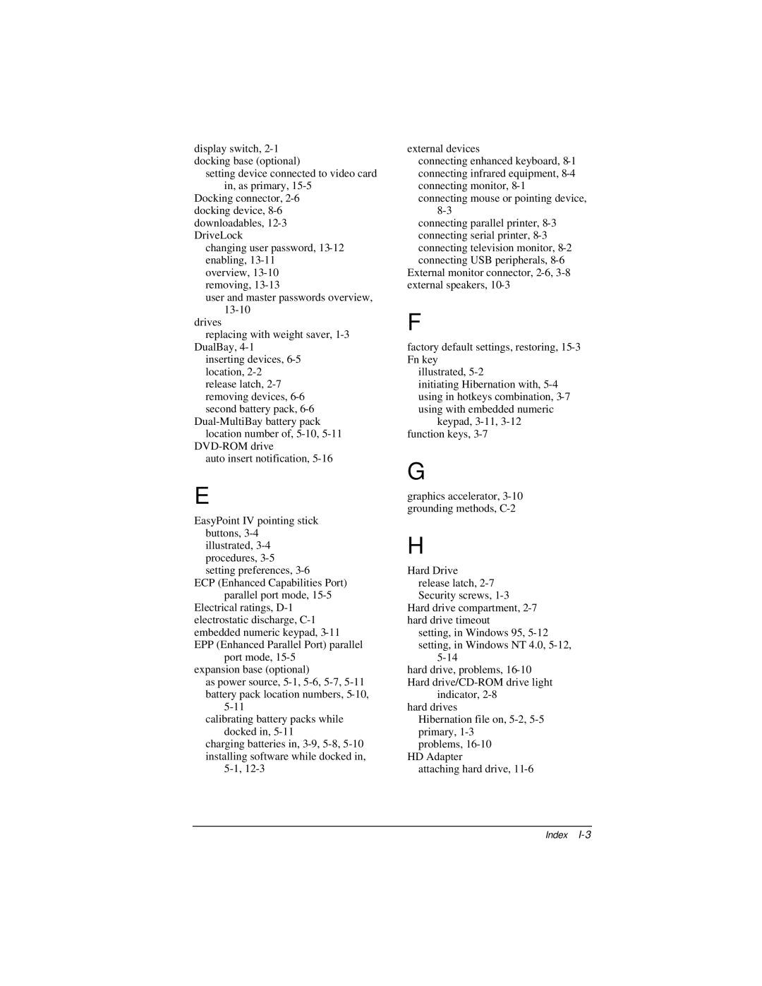 Compaq E500 specifications Index 