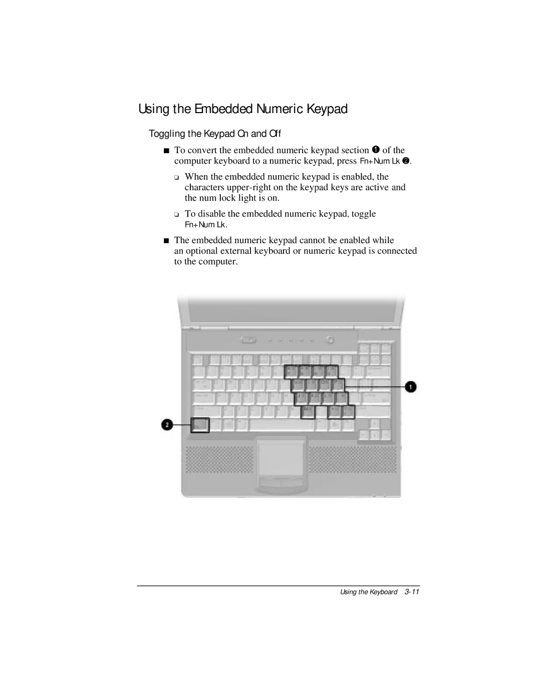 Compaq E500 specifications Using the Embedded Numeric Keypad, Fn+Num Lk 