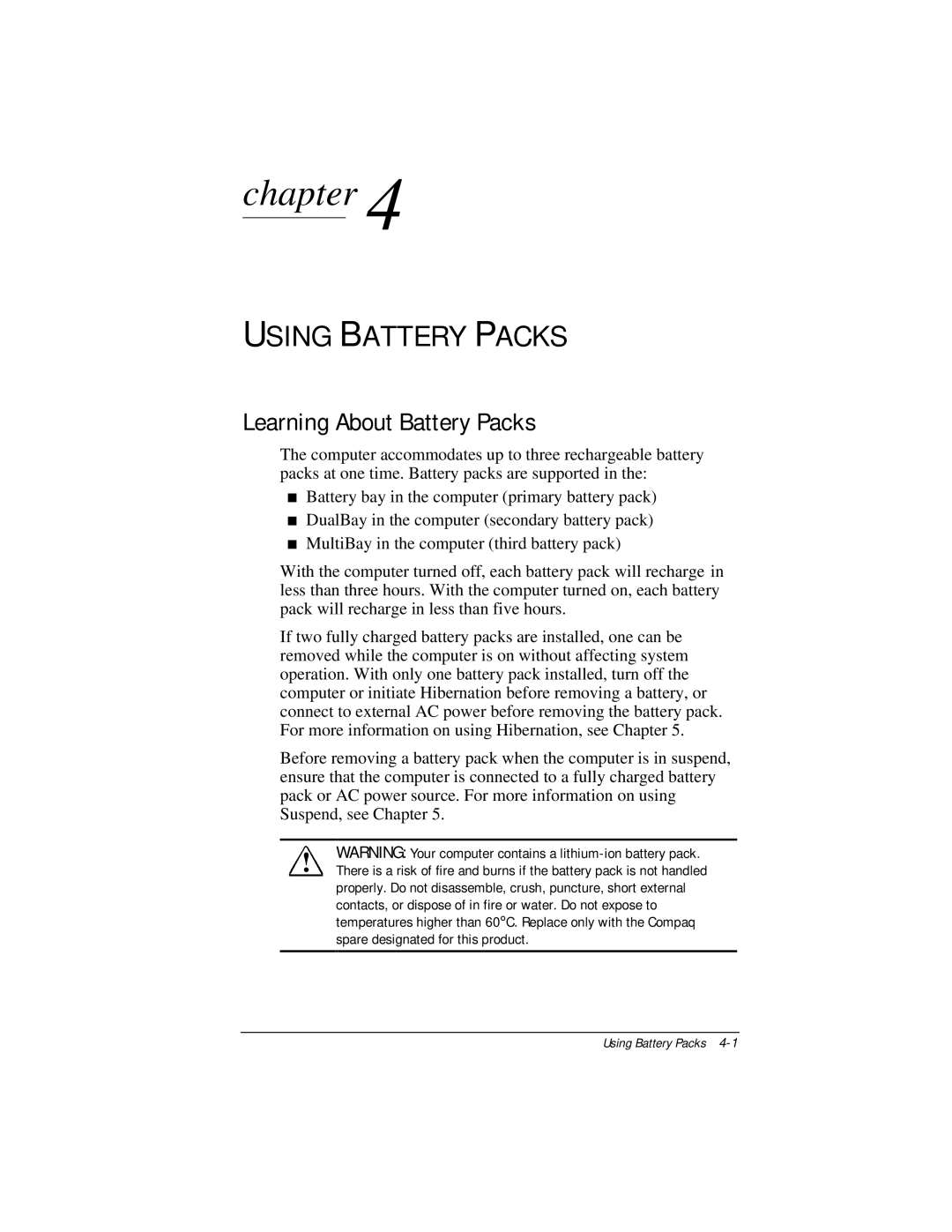 Compaq E500 specifications Using Battery Packs, Learning About Battery Packs 