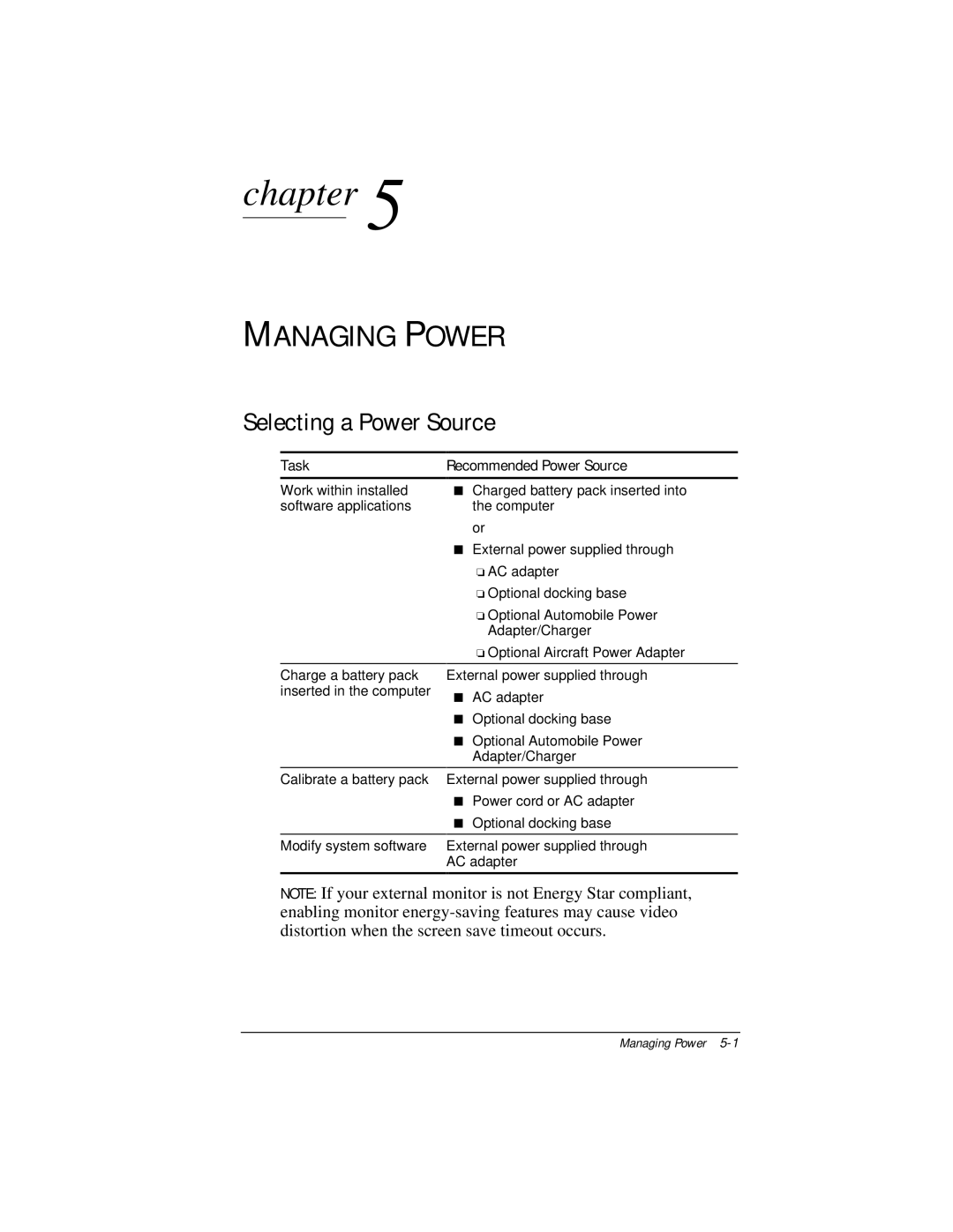 Compaq E500 specifications Managing Power, Selecting a Power Source, Recommended Power Source 