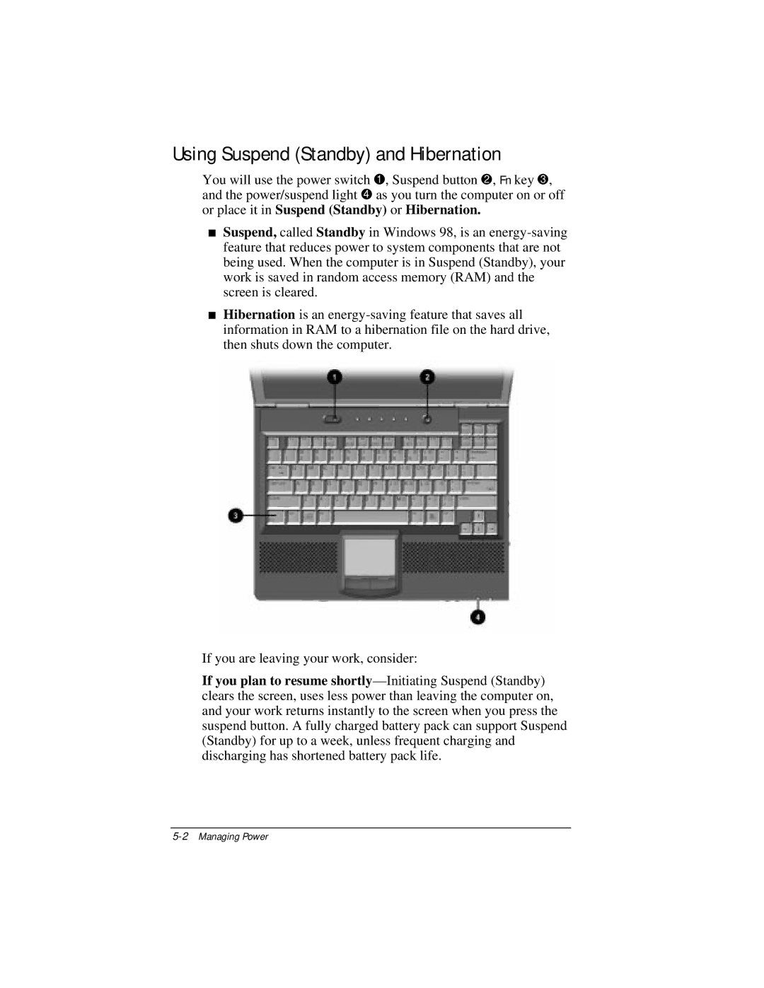 Compaq E500 specifications Using Suspend Standby and Hibernation 