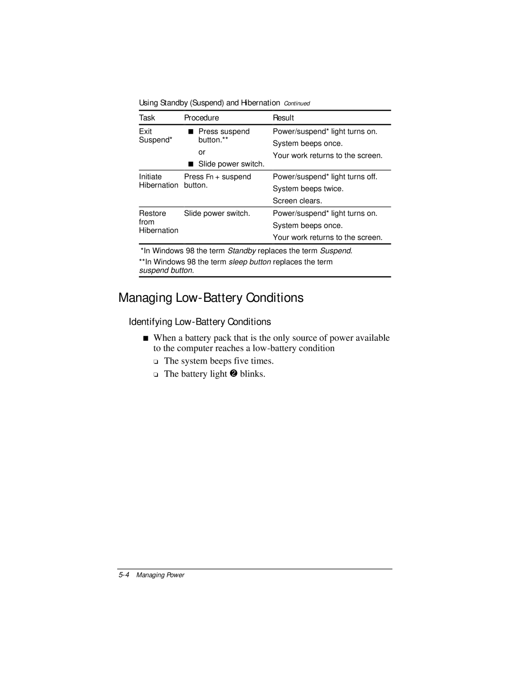 Compaq E500 specifications Managing Low-Battery Conditions, Identifying Low-Battery Conditions 