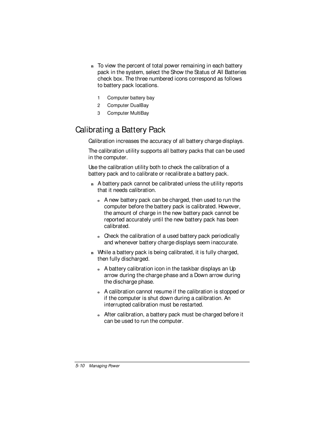 Compaq E500 specifications Calibrating a Battery Pack 