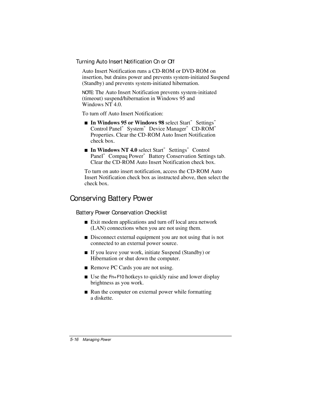 Compaq E500 Conserving Battery Power, Turning Auto Insert Notification On or Off, Battery Power Conservation Checklist 