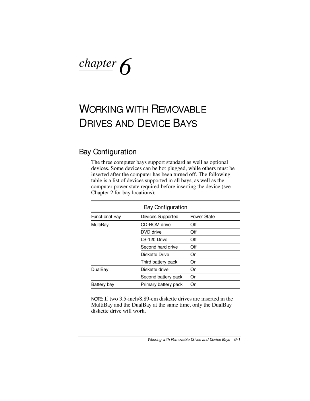 Compaq E500 Working with Removable Drives and Device Bays, Bay Configuration, Functional Bay Devices Supported Power State 