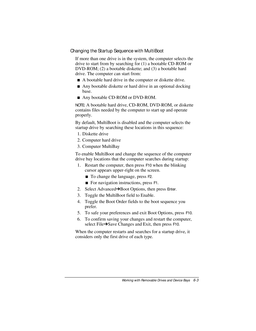 Compaq E500 specifications Changing the Startup Sequence with MultiBoot 