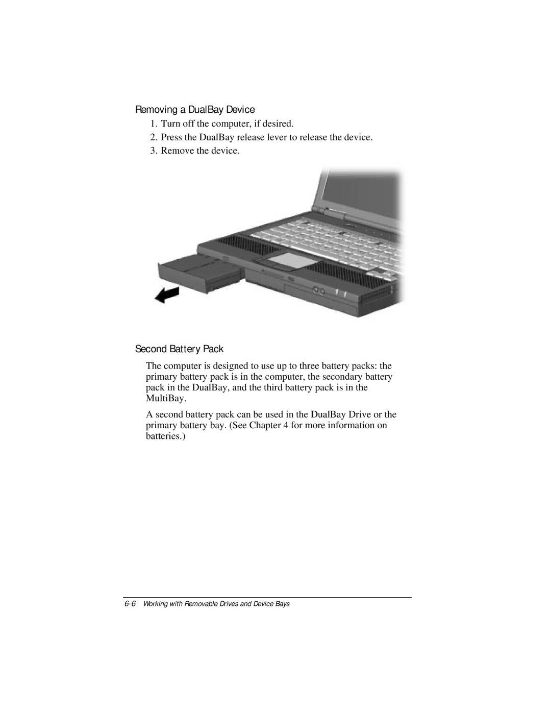 Compaq E500 specifications Removing a DualBay Device, Second Battery Pack 