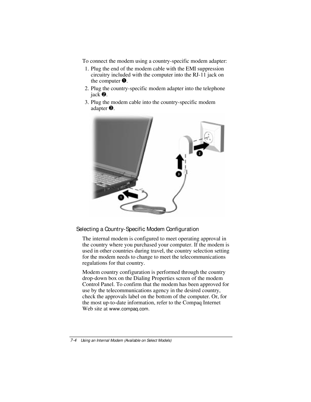 Compaq E500 specifications Selecting a Country-Specific Modem Configuration 