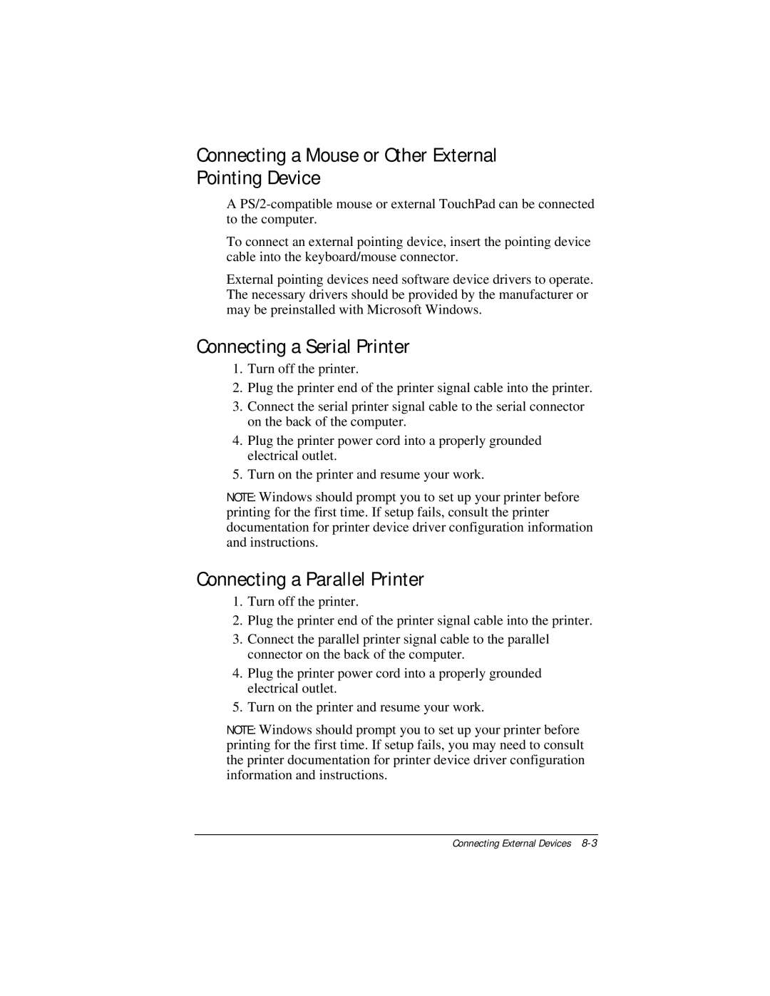 Compaq E500 specifications Connecting a Mouse or Other External Pointing Device, Connecting a Serial Printer 