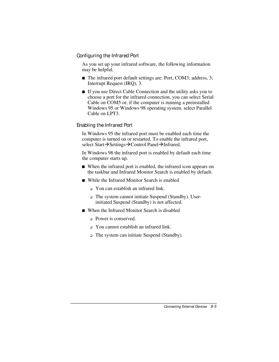 Compaq E500 specifications Configuring the Infrared Port, Enabling the Infrared Port 