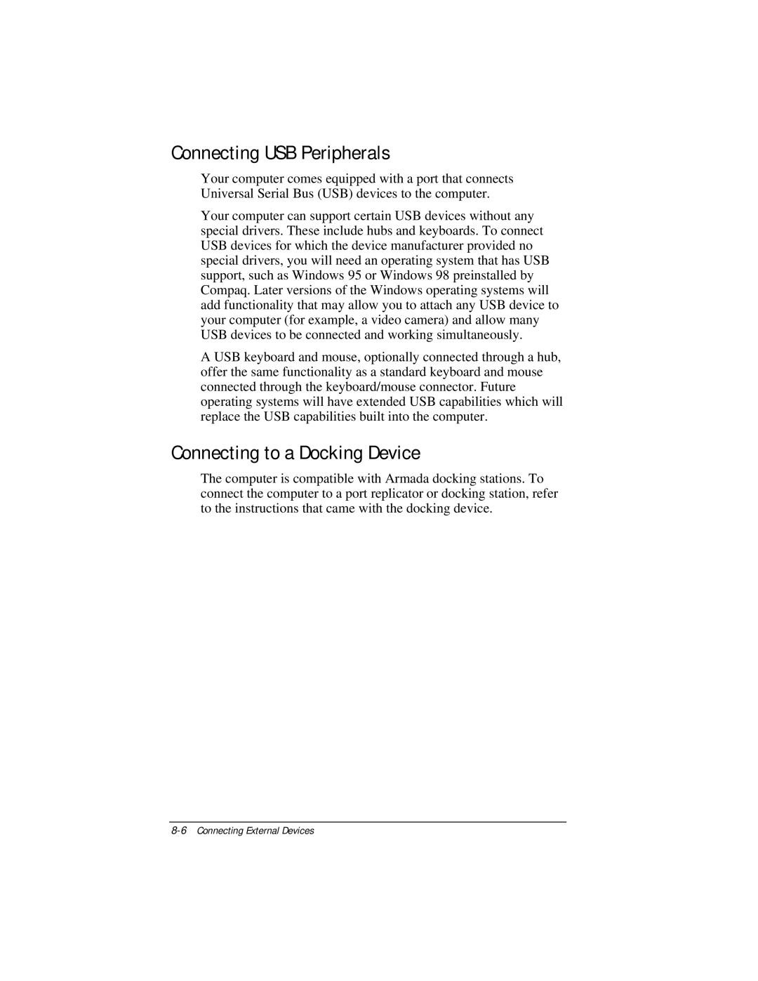 Compaq E500 specifications Connecting USB Peripherals, Connecting to a Docking Device 