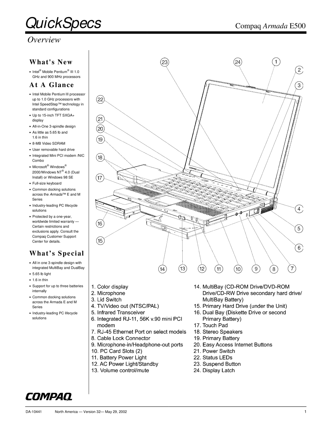 Compaq E500 warranty QuickSpecs, Overview 